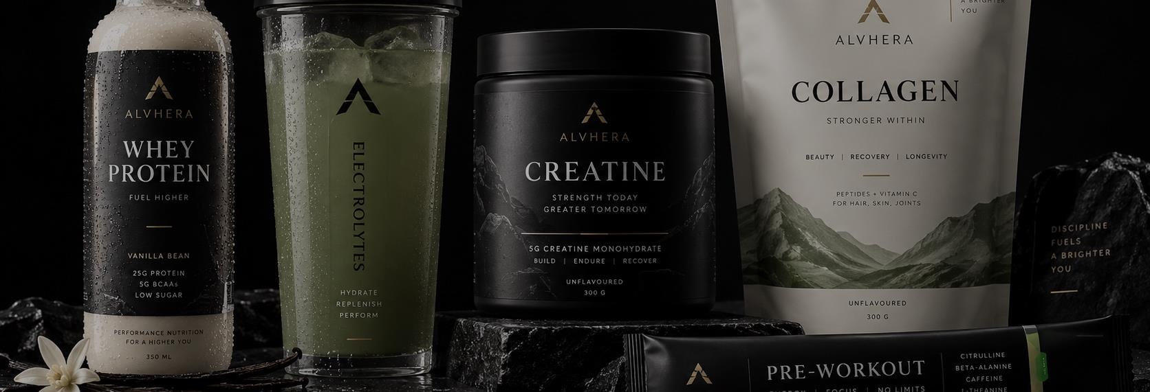 Alvhera product lineup — Whey Protein, Electrolytes, Creatine, Collagen, Pre-Workout
